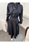 Women's Scarf Collar Buttoned Denim Long Dress - 5