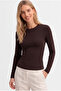 Brown Crew Neck Long Sleeve Modal Cotton Basic Blouse