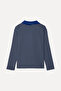 Women's Navy Blue Striped Loose Fit Polo Collar Sweatshirt - 6