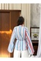 Women's Half High Collar Striped Waist Tie Spanish Sleeve Blouse Tunic 15044 - Blue - 6