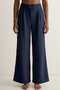 Navy Blue Women's High Waist Stretchy Textured Crepe Fabric Wide Leg Palazzo Trousers - Button Closure Detail - 7