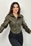 Women's Cropped Leather Jacket - Black New Season Corset Detailed Khaki Biker - 7