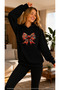 Women's Lighted Ribbon Printed Hooded Kangaroo Pocket Cotton Casual Sweatshirt