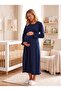 New Season Navy Blue Double-Breasted Breastfeeding-Friendly Design Long Sleeve 100% Cotton Maternity Nightgown - 8