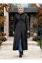 Women's Buttoned Lined Belted Bondit Black Trench