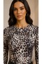 Women's Gray Leopard Finger-Looped Crew Neck Long Sleeve Blouse - 5