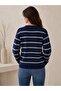 Crew Neck Gold Button Detailed Striped Trendy Basic Women's Knitted Cardigan - 2