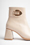 Women's Beige Thick Heeled Boots & Booties with Gold Buckle Detail - 6