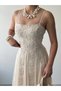 Women's Strappy Floral Embroidered Tulle Detail Long Dress - 6