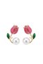 Women's Gold Color Pearl and Red Tulip Figured Enamel Ear Jacket Earrings - 3