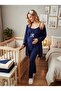 New Season Navy Blue Rope Strap Lace Detailed Design Buttoned Maternity Pajama Set 3-Piece Set - 4