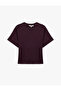 Plum Color Short Sleeve T-Shirt Modal Fabric Regular Fit Stitching Detail Crew Neck - 5