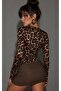 Women's Camel-Black Crew Neck Leopard Pattern Finger-Looped Blouse Be494 - 2