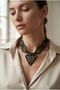 Handmade Black Miyuki Bead Embroidered Triangle Shaped Titanium Ribbon Necklace - 2