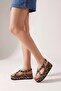 Women's Platform Sole 6 cm High Flat Cork Sole Ring Detailed Sandals-Leopard - 3