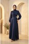 Satin Fabric Hijab Evening Dress with Brooch on the Waist 5811-01 Navy Blue - 2