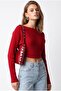 7039 Women's Horizontal Ribbed Boat Neck Crop Knit Sweater Red - 5
