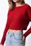 7039 Women's Horizontal Ribbed Boat Neck Crop Knit Sweater Red - 2