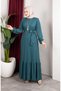 Bürümcük Fabric Striped Belted Hijab Dress 0908-04 Petrol - 2