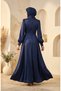 Satin Fabric Hijab Evening Dress with Brooch on the Waist 5811-01 Navy Blue - 5