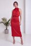 Women's High Neck Draped Midi Length Satin Dress Khaki, Red, Navy Blue, Black - 5