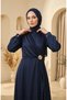 Satin Fabric Hijab Evening Dress with Brooch on the Waist 5811-01 Navy Blue - 3