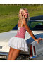 Red Gingham Corset Detailed Scallop Skirted Mini Dress with Rope Straps - 3