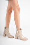 Women's Beige Buckle-Strap Thick Heeled Square Toe Boots & Booties - 7