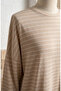Comfortable Cut Striped Seasonal Tunic Plus Size No Show through 8778-03 Beige - 5