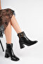 Women's Gold Ring Detailed Square Toe Black Thick Heeled Boots & Booties - 3