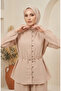 Button Detailed Hijab Double Set 2301-05 Beige - 3