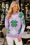 Women's Crew Neck Long Sleeve Lycra Clover Patterned Contrast Color Detailed Casual Comfortable Lilac Knitwear Sweater - 6