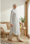 Shirt Collar Striped Linen Long Tunic 0354-03 Navy Blue - 3