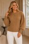 Women's Crew Neck Princess Balloon Sleeve Hair Braided Short Wide Ribbed Stylish Camel Knitwear Sweater