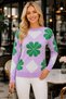 Women's Crew Neck Long Sleeve Lycra Clover Patterned Contrast Color Detailed Casual Comfortable Lilac Knitwear Sweater - 2