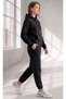 Women's Black 3 Thread Winter Thick Fleece Lined Tracksuit Set with Kangaroo Pockets - 2