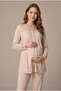 Women's Beige Long Sleeve Lace Maternity Pajama Set for Easy Breastfeeding - 4