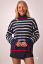 Women's Navy Blue Ecru Striped Red Detailed Turtleneck Knitwear Sweater Oversize Long Sleeve - 5