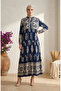 Patterned Viscose Buttoned Hijab Dress 5593-02 Indigo