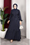 Viscose Fabric Polka Dot Belted Hijab Dress 0901-02 Navy Blue