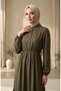 Buttoned Viscose Crepe Hijab Dress with Elastic Waist 0353-02 Khaki - 3
