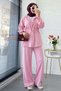 Women's Premium Waist Gathered Ribbed Detail Double Face Trousers Set - Pink - 2