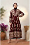 Patterned Viscose Buttoned Hijab Dress 5593-01 Claret Red