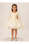 Girl's Ecru Floral Detailed Tutu Dress with Shoulder Bow, Birthday Dress