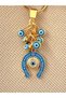 Light Blue Gilded Horseshoe Bead Detailed Metal Keychain, Lucky Keychain, Metal Evil Eye Bead Keychain Bag Accessory - 3