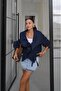 Navy Blue Drawstring Wide Collar Design Jacket - 4