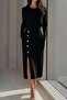 Women's Long Sleeve Crew Neck Side Slit Button Midi Imported Crepe Dress - 4