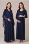 Women's Navy Blue Ruffled Long Sleeve Maternity Nightgown Set with Easy Breastfeeding Feature