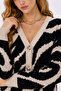Women's V-Neck Patterned Knitwear Cardigan Black Ecru Patterned Buttoned Long Sleeve Knitted Cardigan - 3