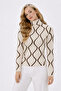 Women's Turtleneck Patterned Knitwear Sweater Ecru Brown Geometric Patterned Long Sleeve - 7